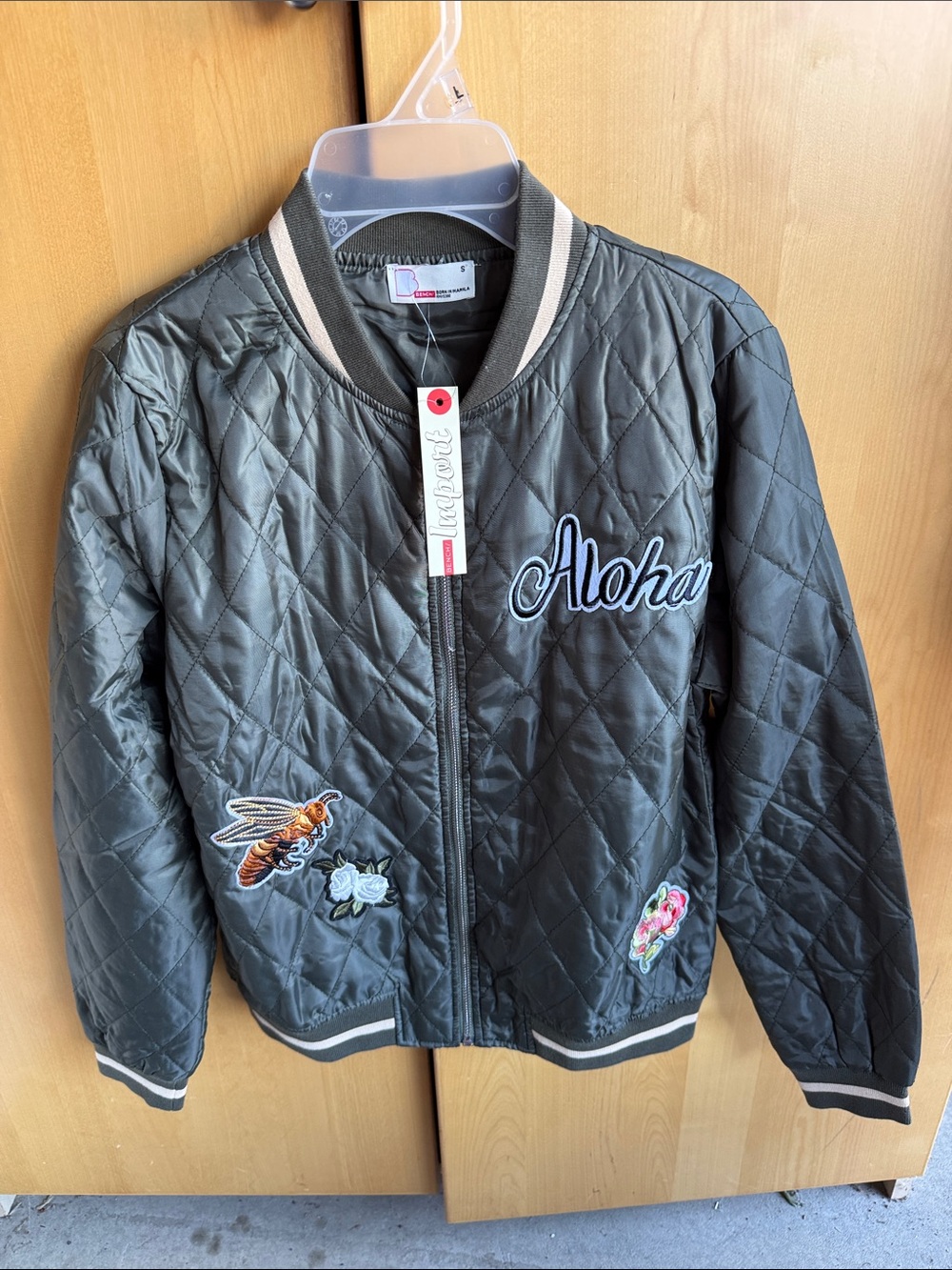 NWT Bench Kids Quilted Bomber Jacket in Dark Green with Embroidered Patches